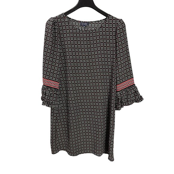 Max Edition Black White Red Floral Bell Sleeve Shift Dress L Geometric Midi - Picture 1 of 4